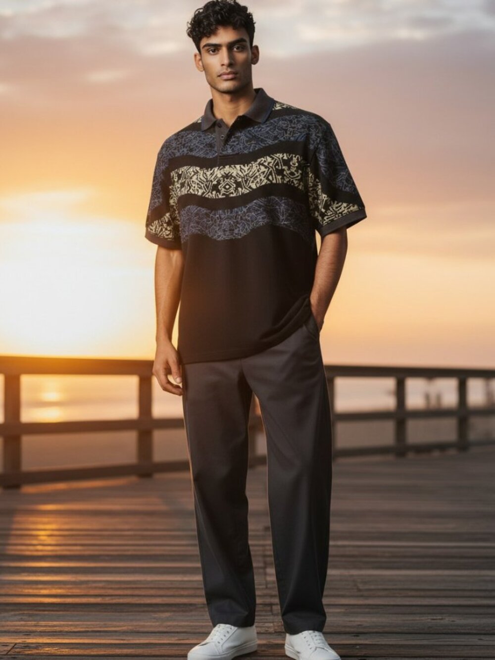Greg Norman Collection Black V-Neck Polo Sweater with Blue and Cream Waves